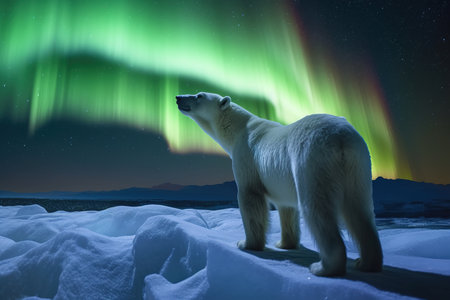A large polar bear close-up in the Arctic at the North Pole in the snow against a background of green northern lights in the sky with stars, polar night, generative AIの素材