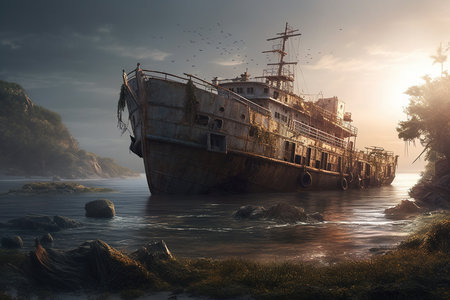 Abandoned shipwreck, wreck of old rusty ship or boat after post-apocalyptic. Generative aiの素材
