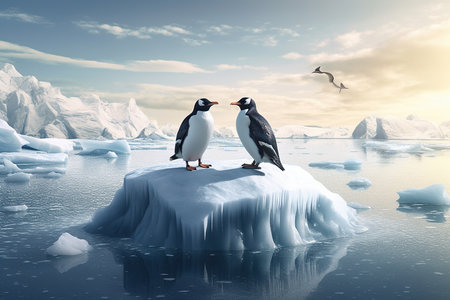 Two penguins stand on melting ice in Arctic Ocean at dusk at sunset, global warming concept, world global planet climate change. Two cute emperor penguins confused by ice melting. Generative AIの素材