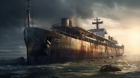 Abandoned shipwreck, wreck of old rusty ship or boat after post-apocalyptic. Generative aiの素材