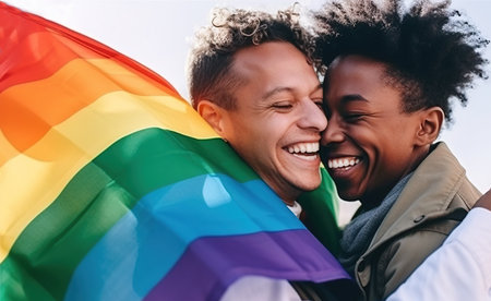 Happy homosexual men or gay couples are embracing and smiling together with a rainbow flag. Concept of LGBTQ pride. Space for text. Generative AIの素材