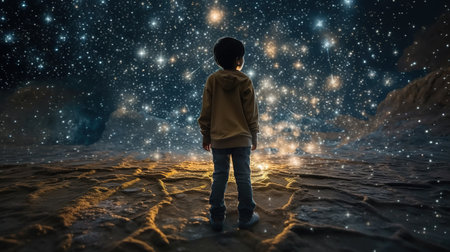 A boy full-length looking at the starry christmas night sky. Generative ai.の素材