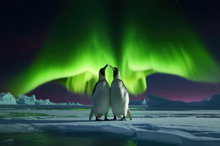 penguins stand on melting ice in Arctic Ocean at polar lights, global warming concept, world global planet climate change. Two cute emperor penguins confused by ice melting. Generative AIの素材