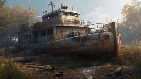 Abandoned shipwreck, wreck of old rusty ship or boat after post-apocalyptic. Generative aiの素材