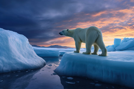 Global warming, concept with lone polar bear standing on small iceberg in the middle of the ocean, Generative AI illustrationの素材