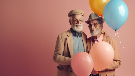 A mature LGBT gay married couple of pensioners who are happy in love. Pastel colors. Love that lasts forever. Gays holding a heart shaped balloon. Space for text. Generative AIの素材
