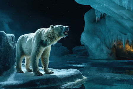 Global warming, concept with lone polar bear standing on small iceberg in the middle of the north ocean at night, Generative AI illustrationの素材