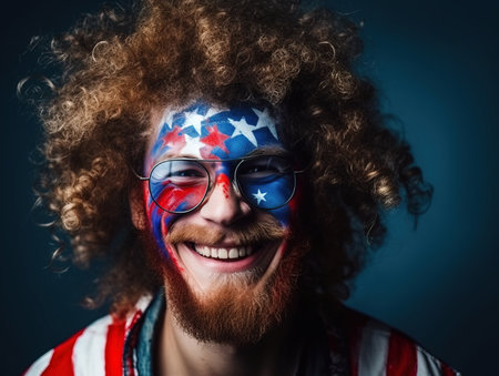 Joyful fan in the colors of the U.S. flag on his face. Generative aiの素材