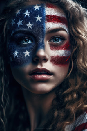 fan girl in the colors of the U.S. Flag of USA on his face and in the background. Generative aiの素材