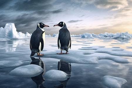 Two penguins stand on melting ice in Arctic Ocean at dusk at sunset, global warming concept, world global planet climate change. Two cute emperor penguins confused by ice melting. Generative AIの素材