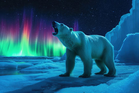 A large polar bear close-up in the Arctic at the North Pole in the snow against a background of green northern lights in the sky with stars, polar night, generative AIの素材