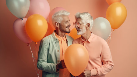 A mature LGBT gay married couple of pensioners who are happy in love and have a matching outfit of pastel colors. Love that lasts forever. Gays holding a heart shaped balloon. Generative AIの素材