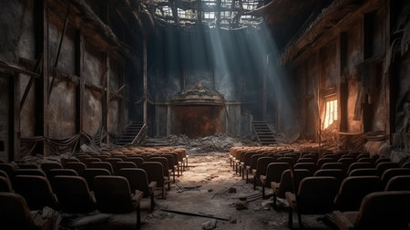 A post-apocalyptic ruined theater. The concept of the apocalypse. Generative AIの素材