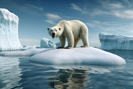 Polar Bear climbing onto melting iceberg. A Disappearing World: A Polar Bear on a Melting Ice Floe in Antarctica. Global warming. Generative aiの素材