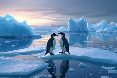 Two penguins stand on melting ice in Arctic Ocean at dusk at sunset, global warming concept, world global planet climate change. Two cute emperor penguins confused by ice melting. Generative AIの素材