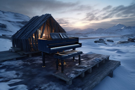 An abandoned grand piano in Antarctica, left house, spooky mystical mood, after post-apocalyptic. Generative aiの素材