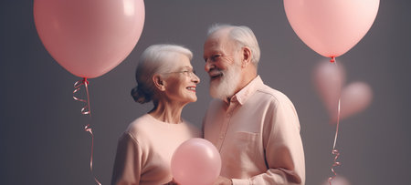 A married couple of pensioners who are happy in love and have a matching outfit of pastel colors. Love that lasts forever. Grandparents holding a heart shaped balloon. Generative AIの素材