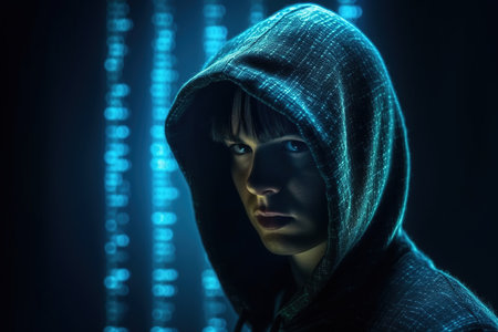 Hacker on blue digital background. Dangerous hacker. Internet, cyber crime, cyber attack, system, game, breaking and malware concept. Dark background. Futuristic holographic interface to display data. Cyber security concept. Generative aiの素材