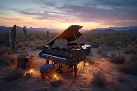 Vintage grand piano at dusk in desert. Sand and sky. Generative AIの素材