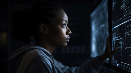 African American man programmer looking at lines of code on a screen. Generative aiの素材
