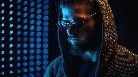 Hacker in a sunglasses on blue digital background. Concept of cyber security and attack. Internet hacking. Concept - a member of a hacker group. Geek in a dark room. Concept - computer geek. Generative aiの素材