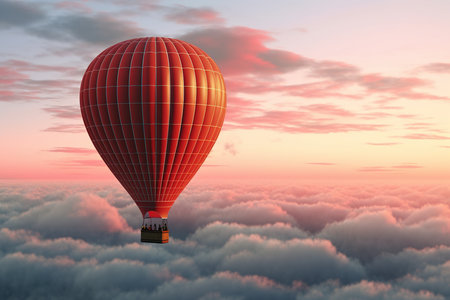 Lonely hot air balloon floating on the sky above the clouds. Generative aiの素材