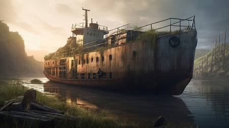 Abandoned shipwreck, wreck of old rusty ship or boat after post-apocalyptic. Generative aiの素材