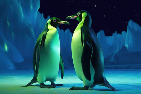 penguins stand on melting ice in Arctic Ocean at polar lights, global warming concept, world global planet climate change. Two cute emperor penguins confused by ice melting. Generative AIの素材