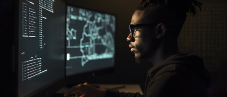 African American man programmer looking at lines of code on a screen. Generative aiの素材