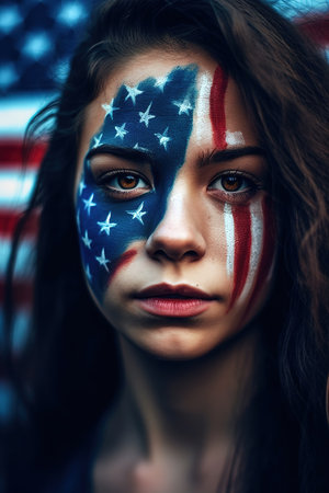 fan girl in the colors of the U.S. Flag of USA on his face and in the background. Generative aiの素材