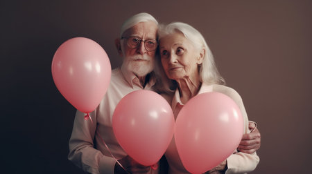 A married couple of pensioners who are happy in love and have a matching outfit of pastel colors. Love that lasts forever. Grandparents holding a heart shaped balloon. Generative AIの素材
