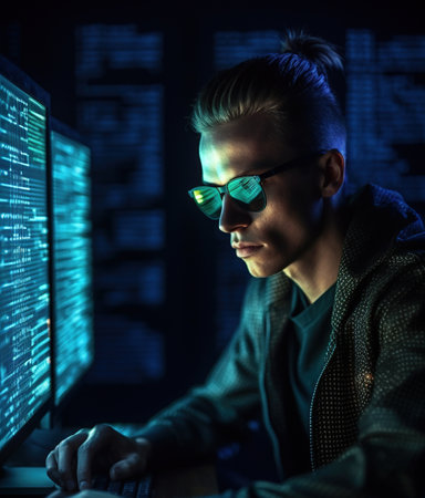 Man in sunglasses works in the dark on blue digital background. Photo of focused concentrated serious programmer looking through code of artificial intelligence to be debugged. Hacking and technology concept. Generative aiの素材