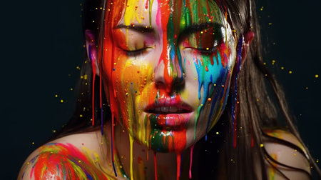 Fashion photography of the woman with the paint splattered on her face. Beautiful Young Woman with Creative Splattered Makeup. A splash of colorful paint. Generative AIの素材