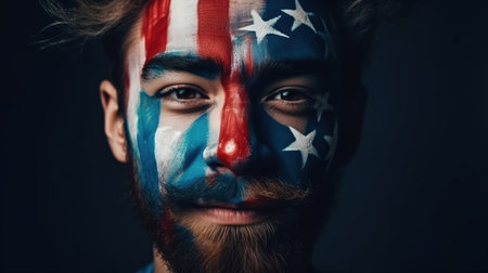 Joyful fan in the colors of the U.S. flag on his face. Generative aiの素材