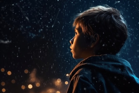 Child looks at the starry christmas night sky. Generative aiの素材