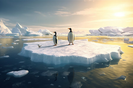 Two penguins stand on melting ice in Arctic Ocean at dusk at sunset, global warming concept, world global planet climate change. Two cute emperor penguins confused by ice melting. Generative AIの素材
