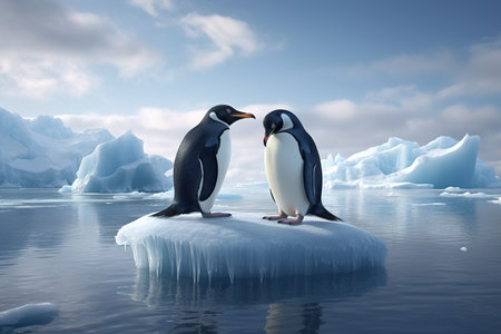 penguins stand on melting ice in Arctic Ocean at daytime, global warming concept, world global planet climate change. Two cute emperor penguins confused by ice melting. Generative AIの素材