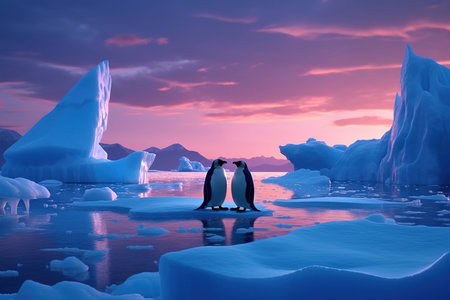 Two penguins stand on melting ice in Arctic Ocean at dusk at sunset, global warming concept, world global planet climate change. Two cute emperor penguins confused by ice melting. Generative AIの素材