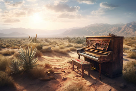 Vintage grand piano at sunset in desert. Sand and sky. Generative AIの素材