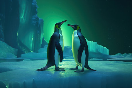 penguins stand on melting ice in Arctic Ocean at polar lights, global warming concept, world global planet climate change. Two cute emperor penguins confused by ice melting. Generative AIの素材