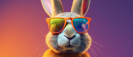 A cute easter bunny wearing sunglasses on a colorful background. Space for text. Generative AIの素材