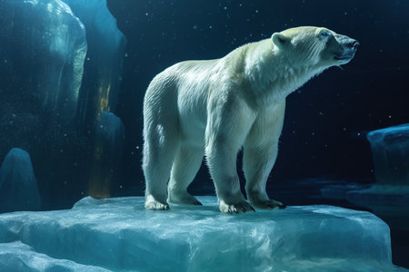 Global warming, concept with lone polar bear standing on small iceberg in the middle of the north ocean at night, Generative AI illustrationの素材