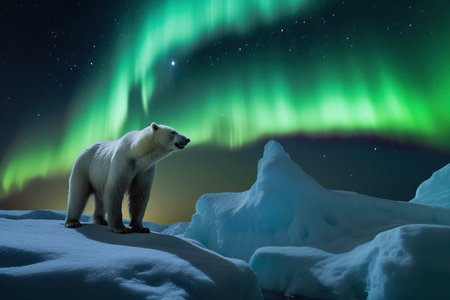 A large polar bear close-up in the Arctic at the North Pole in the snow against a background of green northern lights in the sky with stars, polar night, generative AIの素材