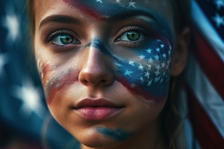fan girl in the colors of the U.S. Flag of USA on his face and in the background. Generative aiの素材