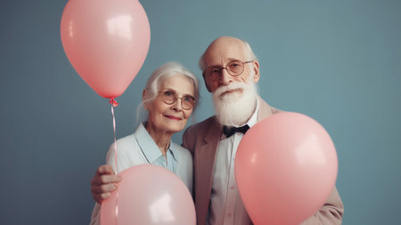 A married couple of pensioners who are happy in love and have a matching outfit of pastel colors. Love that lasts forever. Grandparents holding a heart shaped balloon. Generative AIの素材