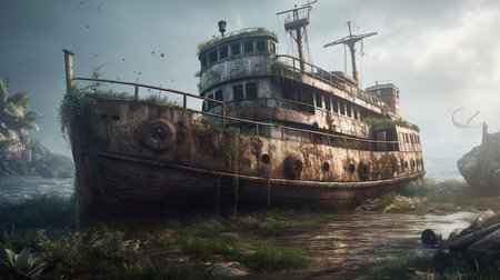 Abandoned shipwreck, wreck of old rusty ship or boat after post-apocalyptic. Generative aiの素材