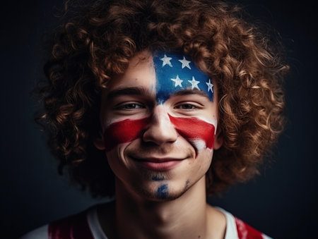 Joyful fan in the colors of the U.S. flag on his face. Generative aiの素材