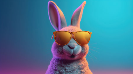 A cute easter bunny wearing sunglasses on a colorful background. Space for text. Generative AIの素材