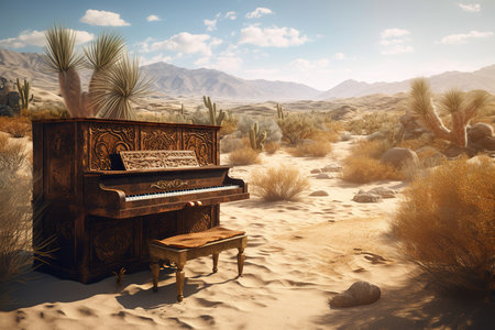 Vintage grand piano at sunset in desert. Sand and sky. Generative AIの素材