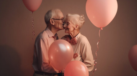 A married couple of pensioners who are happy in love and have a matching outfit of pastel colors. Love that lasts forever. Grandparents holding a heart shaped balloon. Generative AIの素材